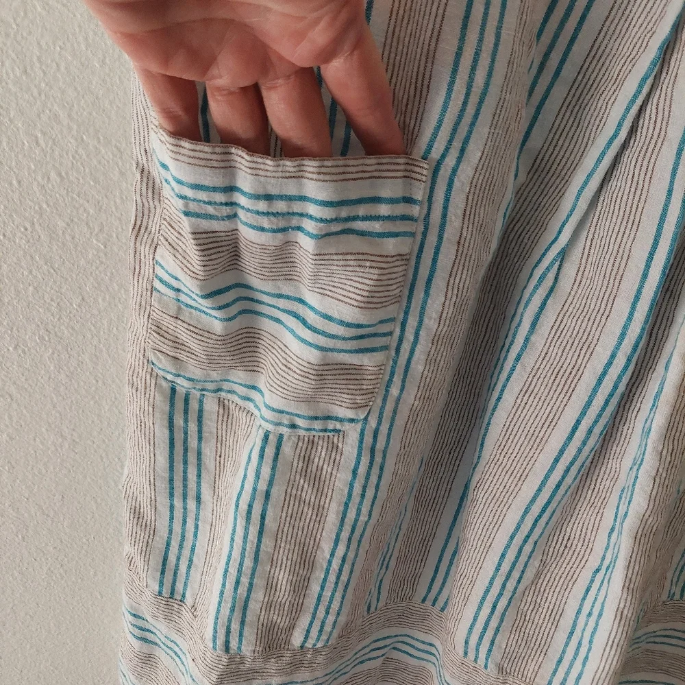 100% Linen Scoopneck Dress Medium Blue/Brown Stripes On White - Picture 4 of 6
